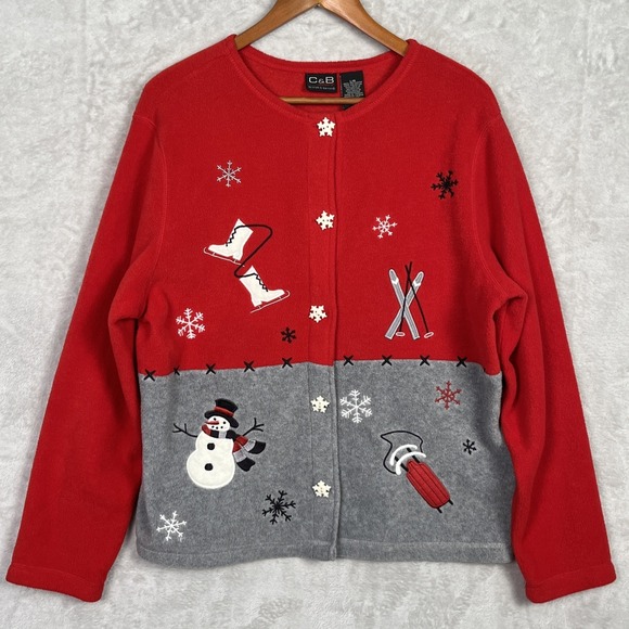CB Sports Sweaters - Vintage Christmas Cardigan Button Sweater L Fleece Red Gray Snowman Ski Grandma